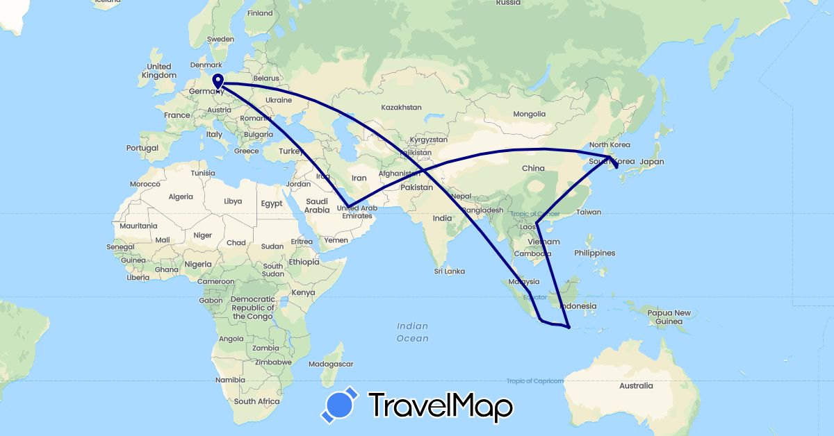 TravelMap itinerary: driving in Germany, Indonesia, South Korea, Qatar, Singapore, Vietnam (Asia, Europe)